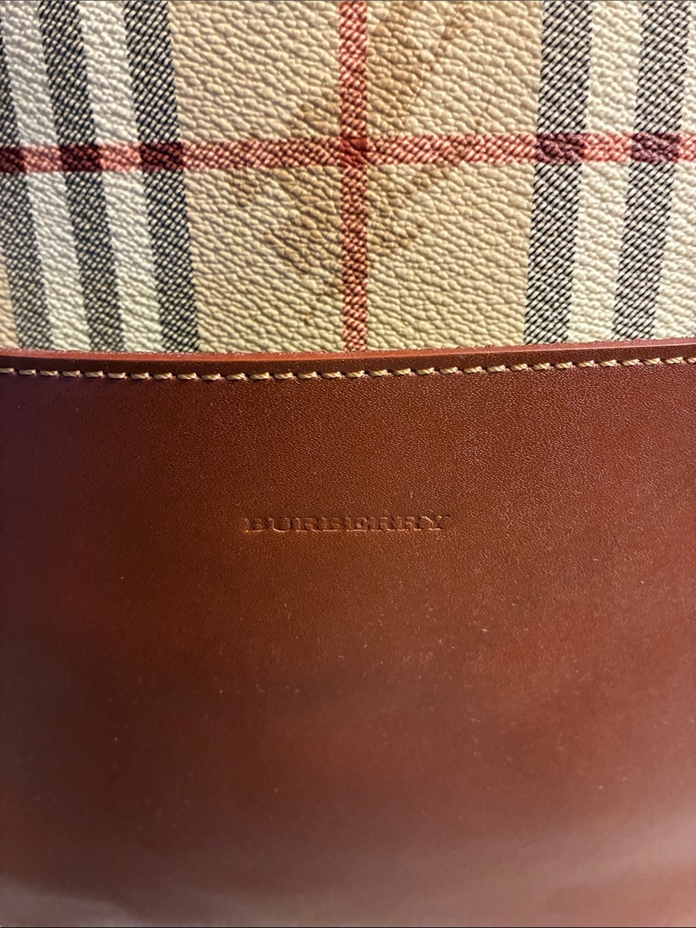 Burberry Beige Plaid Tote with Brown Leather Pocket - Picture 2 of 13